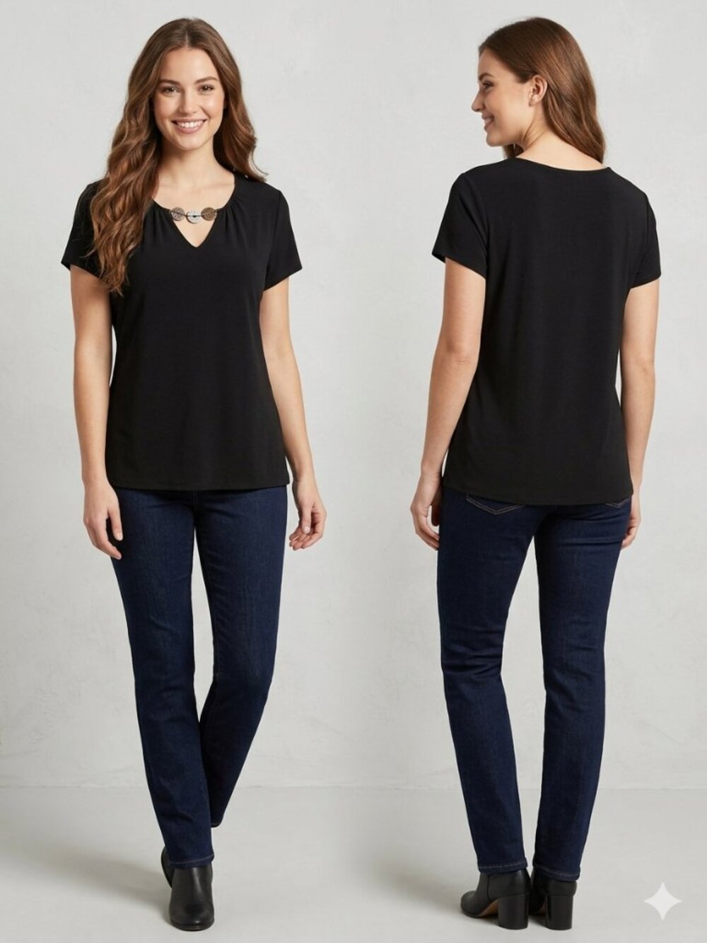 East 5th Women's Black Short Sleeve Blouse Large V-Neck with Button Disc Detail